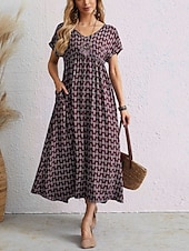 tanie Sukienka w paski i geometryczna-Damskie Sukienka maxi Sukienka A line Letnie sukienki Codzienny Codzienny Regularny Graficzny Geometryczny Krótki rękaw W serek Czarny Wino Czerwony Zielony Lato