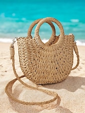 olcso Kézitáskák és bevásárlótáskák-női szalmából szőtt strandtáska kerek fogantyúval és hosszú pánttal – boho nyári kézitáska nyaraláshoz, utazáshoz és hétköznapi ruhákhoz rózsaszín narancssárga barna
