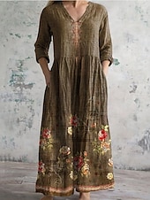 preiswerte Blumenkleider-Damen Langes Kleid Maxikleid Freizeitkleid Sommerkleid Boho-Kleid Mode Urlaub Täglich Wochenende Normale Passform Blumen Langarm V Ausschnitt wasserblau Blau Dunkelgrün Braun Sommer