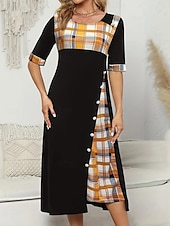 ieftine Rochii cu dungi și geometrice-Pentru femei Rochii Midi Rochie A line Vacanță Casual În aer liber Ieșire Fit standard Grafic Plisat Manșon Jumate Crewneck Negru Galben Roșu Vin Mov Vară