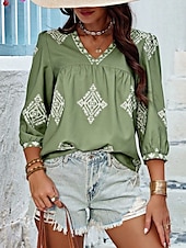 baratos Tops Boho Femininos-Mulheres Blusa Geométrica Boêmia Casual Manga 3/4 Manga Princesa Decote V Tops regulares Diário Imprimir Rosa Azul Marinha Roxo Verde Verão Primavera