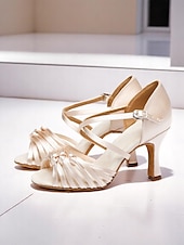 voordelige Latin dansschoenen-Bruine satijnen latin danshakken voor dames – open schoenen met bandjes voor dames, salsa, rumba en tango