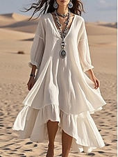 cheap Design Cotton &amp; Linen Dresses-Women&#039;s Maxi Dress A Line Dress Linen Casual Party Beach Regular Fit Solid Color Plain 3/4 Length Sleeve V Neck White Summer