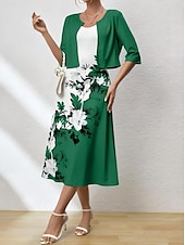 halpa Kukkamekko-Naisten kaksiosaiset mekot midi-mekko takilla elegantti A-linjainen mekko puolihihainen juhla cocktail kukkaprintti V-kaula-aukko häät vieras päivittäinen sininen vihreä säännöllinen istuvuus