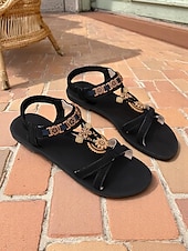 economico Infradito da Vacanza-sandali piatti con perline floreali in stile bohémien da donna – sandali gladiatore slip-on in stile etnico per gite in spiaggia e vacanze estive
