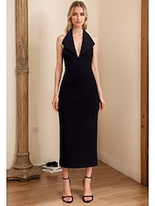 levne Koktejlové šaty-Tuxedo Šaty Přiléhavé  Sloupec Koktejlové Šaty Elegantní Poloneformální Svatební Čajová Délka Bez Rukávu V Krku Stretch Krepa