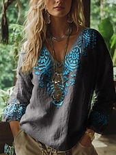 abordables Tops Boho pour Femmes-Blouse Boho Femme Graphique Florale Bohémienne Vintage Tropicale Manches 3/4 Décolleté en V Tops Réguliers Rouge Été Printemps