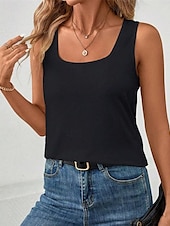 cheap White tee-Women&#039;s Tank Top Tee Top Plain Fashion Modern Sleeveless Square Neck Regular Tops Daily Beach Wear Black White Gray Summer