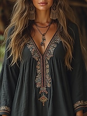 olcso Boho felsők-Női Pamut vászon ingek Western blúz Sima Csehország Szüret Boho Hosszú ujj V-alakú Hosszú felsők Napi Szabadság Kollázs Sötétszürke Nyár