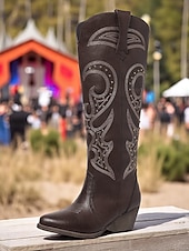ieftine Cizme Cowboy &amp; Western-cizme de cowboy occidentale de damă cu design brodat – cizme elegante maro cu toc bloc pentru festivaluri de muzică, îmbrăcăminte casual și evenimente în aer liber