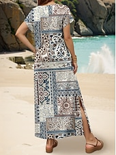 cheap Boho Dress-Women&#039;s Midi Dress Sundress A Line Dress Summer Dress Vacation Casual Daily Regular Fit Floral Graphic Short Sleeve V Neck Blue Summer Spring Fall
