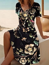 abordables Robes de vacances-Femmes Robe Midi Robe Décontractée Robe de patinage Robe d&#039;été Mode Moderne Quotidien Plage Week-end Coupe régulière Fleuri Manche Courte Col en V Noir Blanche Bleu Violet Été