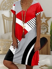 preiswerte Streifen- und geometrisches Kleid-Damen Minikleid A Linie Kleid Sommerkleid Lässig Täglich Normale Passform Grafik Geometrisch Kurzarm V Ausschnitt Rote Sommer Frühling