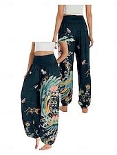 billiga Grafisk linnebyxa i bomull-Dam Linneinspirerade byxor Brett skaft Byxor Etnisk Stil Ledigt Boho Fullängd Hög midja Blommig Ficka Elastisk midja Tryck Mateial som andas Mjuk Microelastisk Utomhus Yoga Röd Blå Grön Sommar Normal