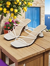 preiswerte Kleidungs-Sandalen-Weiße Riemchensandalen mit eckiger Zehenpartie und konischem Absatz für Damen – minimalistische Sommerpantoletten für lässige Verabredungen und Tagesausflüge