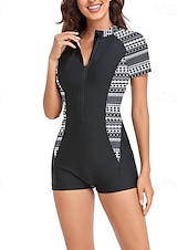 abordables Maillots de bain une pièce-Femmes Maillots de Bain Une Pièce Maillot de bain Zip Up Patchwork Tropical Tenues de plage Fleur Col rond Manches courtes Maillots de bain
