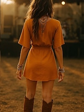 cheap Plain Dress-Women&#039;s Boho Dress Western Dress Vintage Mini Dress A Line Dress Casual Outdoor Beach Regular Fit Solid Color Half Sleeve Spaghetti Strap Orange Summer Spring