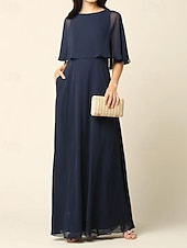 preiswerte Bodenlänge-A-Linie Cape Kleid Mutter der Braut Kleid Elegant Einfach Minimalistisch Boots-Ausschnitt Hochzeitsgastkleid Bodenlang Chiffon Halblangarm in einfarbig