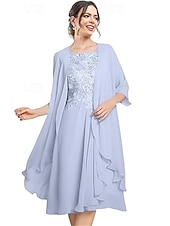  Duas Peças Linha A Até os Joelhos Vestido de convidada de casamento Vestido Para Mãe dos Noivos Sem Manga Scoop pescoço Elegante Convidado do casamento Festa de Casamento Chiffon Renda Vestidos de