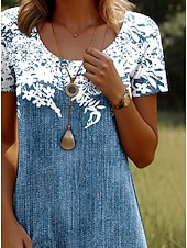 economico Abiti Boho-Per donna Mini Abito Vestito Estivo Vestito Casual Vestito T-Shirt Abito a trapezio Elegante Casual Spiaggia Vestibilità regolare Floreale Grafico Foglia Manica Corta Girocollo Scollo Tondo Blu Blu
