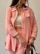 abordables Ensembles-Femmes Mode Streetwear Ensembles en coton et lin Ensembles deux pièces Ensembles de Pantalons manche longue Col de chemise Uni Tenue quotidienne Date Rose Claire Vert Beige Été Coupe régulière