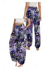 billige Grafisk linbukse i bomull-Dame Lin-inspirerte bukser Bred Bukseben Bukser Etnisk stil Fritid Bohem Full lengde Høy Midje Blomstret Lomme Elastisk midje Printer Pusteevne Myk Mikroelastisk utendørs Yoga- og dansesko Rosa Lilla