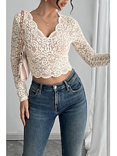 preiswerte Spitzenoberteile-Damen Bluse Spitzentops Einfach Modern Langarm V Ausschnitt Crop Tops Täglich Ferien Ausgehen Spitze Beige Sommer