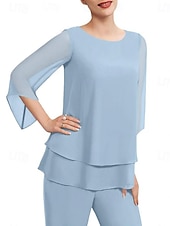 cheap Mom&#039;s Pant Suits-Two Piece Mother of the Bride Dress Elegant Simple Minimalist Crew Neck Floor Length Chiffon Half Sleeve with Cascading Ruffles 2025