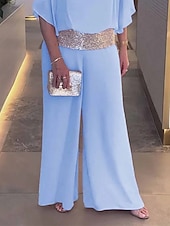 abordables Moins de 129,99 $-Deux Pièces Combinaison / Tailleur-Pantalon Robe de Mère de Mariée  Élégant ancien Simple Col Bateau Longueur au sol Chiffon Demi Manches avec Paillettes 2025