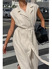 abordables concevoir des robes en coton et lin-Femmes Robe Midi Robe Chemise Robe en coton et lin Moderne Quotidien Sortir Week-end Coupe régulière Uni Sans manches Col de chemise Kaki Été
