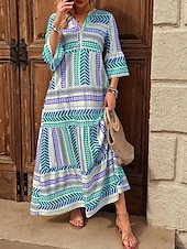 billige Boho-kjoler-Dame Maxikjole Solkjole Kjole med A-linje Fit And Flare Dress Ferie Fritid Bohem utendørs Fest Ut på byen Normal Grafisk Geometrisk Stamme Ermeløs V-hals Rød Blå Grønn Sommer Vår