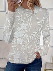 levne květinové tričko-Dámské Tričko Květinový Grafika Rostliny Elegantní Na běžné nošení Dlouhý rukáv Tričkový Kulatý Běžné topy Denní Tisk Světlá růžová Vodní modrá Fialová Béžová Jaro Podzim