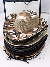 preiswerte Herrenhüte-Herren-Sonnenhut aus Camouflage-Netzgewebe mit breiter Krempe und Kinnriemen – atmungsaktiver Outdoor-Wander- und Angelhut für Sommerreisen und Camping
