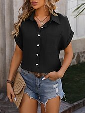 economico Top Semplici da Donna-Camicia da donna a bottone giù blusa a tinta unita elegante casual da spiaggia con maniche corte colletto top regolari quotidiani bottoni tasca nera bianca gialla blu estate primavera