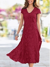 voordelige Thee Lengte-Strandbruiloft Sheath Moeder van de Bruid Jurk Bruiloft Gast Elegant Party Petite V-hals Thee Lengte Kant Korte Mouw met Plissee Effen Kleur gratis maatwerk