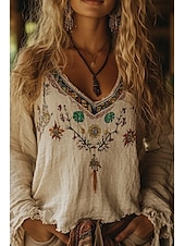 abordables Tops bohèmes-Femmes Chemisier occidental Chemise Bohème Chemisier Fleur Moderne Occasionnel manche longue Col en V Hauts Réguliers Quotidien Fête Sortir Imprimé Abricot Été