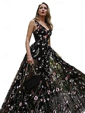 levne Plesové šaty-A-line quinceanera šaty elegantní šaty svatební šaty pro svatební hosty dlouhé šaty bez rukávů výstřih do V polyester bez zad s květinovým potiskem kde jsou sklady