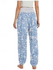 billiga Byxor-Dam Linneinspirerade byxor Brett skaft Byxor Etnisk Stil Ledigt Boho Fullängd Hög midja Blommig Ficka Elastisk midja Tryck Mateial som andas Mjuk Microelastisk Utomhus Yoga Rosa Kungsblå Blå Purpur