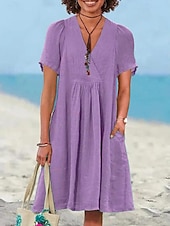 economico disegnare abiti in cotone e lino-Per donna Mini Abito Abiti ispirati al lino Abito a trapezio Casual Spiaggia Quotidiano Vestibilità regolare Semplice Manica Corta Scollo a V Verde chiaro Blu reale Viola Arancione Estate
