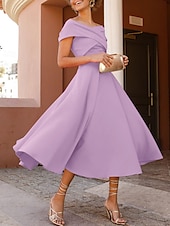 abordables Robes de cocktail-Robes de cocktail en A mariage à la plage robe élégante longueur thé sans manches épaule dénudée invité d&#039;automne tissu extensible avec fente froncée robes Derby 2025