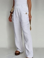 economico Pantaloni in lino e cotone semplici-Pantaloni ampi in cotone e lino A tinta unita Chinos Pantaloni baggy Basic Casual Lunghezza intera Vita alta Semplice Pockets Fascia elastica Comfort All&#039;aperto Micro-elastico Vacanze Strada