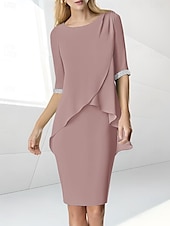preiswerte Teelänge-Strandhochzeit Etuikleid Mutter der Braut Kleid Hochzeitsgast Eleganter Juwelenausschnitt Teelänge Chiffon halblangärmelig mit Perlen-Raffung