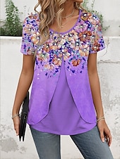 abordables T-shirt floral-Femmes T-shirt Fleuri Graphique Élégant ancien Manche Courte Col ras du cou Hauts Réguliers Quotidien Sortir Patchwork Boutons À Étages Bleu Violet Vert Été Printemps