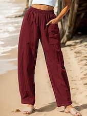cheap Plain Cotton Linen Pant-Women&#039;s Cotton Linen Pants Baggy Pants Solid Color Vintage Fashion Streetwear Full Length High Waist Plain Pocket Elastic Waistband Comfy Soft Comfortable Micro-elastic Outdoor Vacation Street