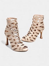 billige Sko til latindans-beige rhinestone latinske dansehæler med snøring for kvinner – pustende mesh peep toe performance sko for ballsaltrening