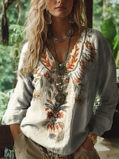 abordables Tops Boho pour Femmes-Blouse Boho Femme Graphique Florale Bohémienne Vintage Tropicale Manches 3/4 Décolleté en V Tops Réguliers Rouge Été Printemps