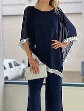 levne Máminy kalhotové kostýmy-Dvoudílné Kalhoty Šaty pro matku nevěsty Elegantní Jednoduchý Minimalistické Tričkový Po kotníky Šifón Poloviční rukáv s Sklady Flitry 2025