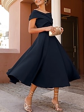 abordables Robes de cocktail-Robes de cocktail en A mariage à la plage robe élégante longueur thé sans manches épaule dénudée invité d&#039;automne tissu extensible avec fente froncée robes Derby 2025
