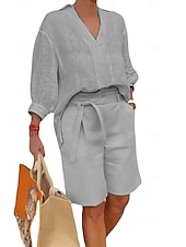 preiswerte Sets-Damen Mode Streetwear Hemd Baumwoll-Leinen-Sets Zweiteilige Sets Strandshorts Kurzarm V Ausschnitt Einfarbig Kordelzug Alltagskleidung Date Blau Khaki Grau Sommer Normale Passform