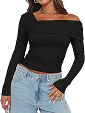 preiswerte Damen Einfache Oberteile-Damen Bluse Einfach Modern Y2K Langarm V Ausschnitt Normale Oberteile Täglich Ferien Gerafft Schwarz Weiß Rosa Kamel Braun Sommer